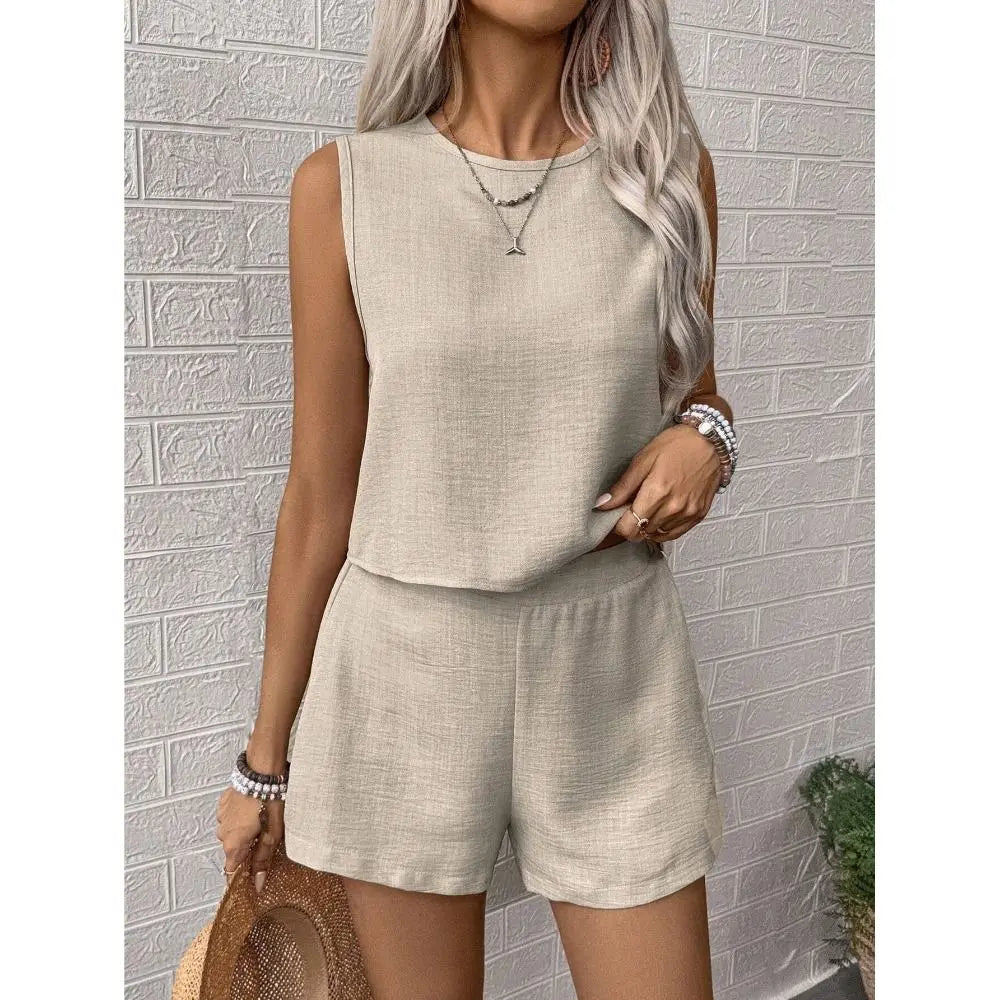 Fashion Solid Color Vest Shorts Set Simple Design Multi-size Casual Outfit Set Sleeveless Top Set Casual Wear