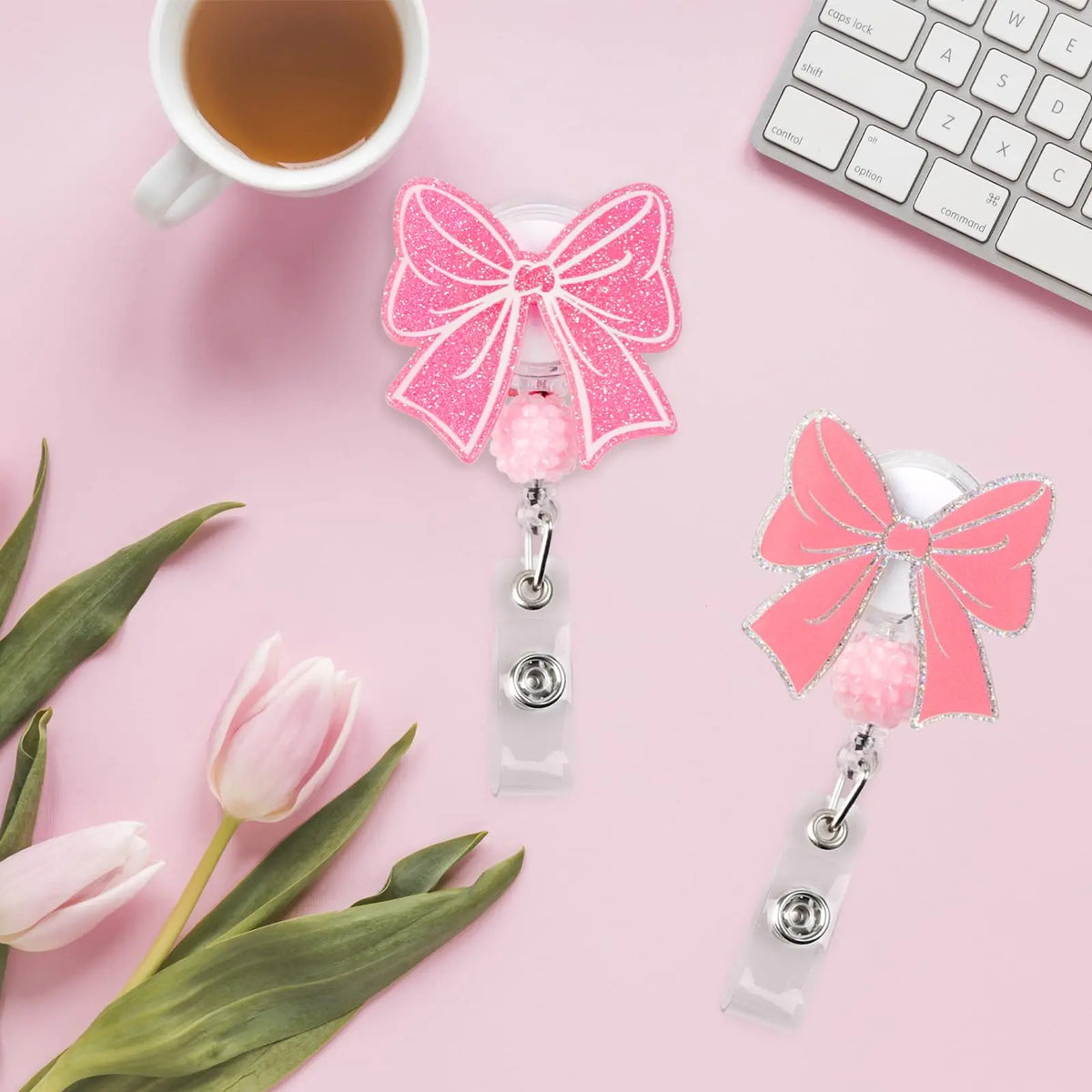 Pink Bow Badge Reel Cute Badge Reel with Alligator Clip ID Badge Holder Funny Sparkly Glitter Retractable Nursing Badge Reels