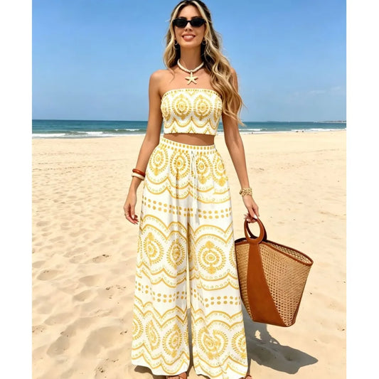 Summer New Women's Bohemian Printed Tube Top Trousers 2piece Set Sexy Short Tube Top Loose Wide Leg Trousers Female Vacation Set