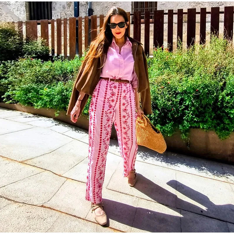 Hollow out Embroidery Long Pants Woman High Waist Flower Loose Straight Versatile Trousers Casual Street Lady New Fashion Pants