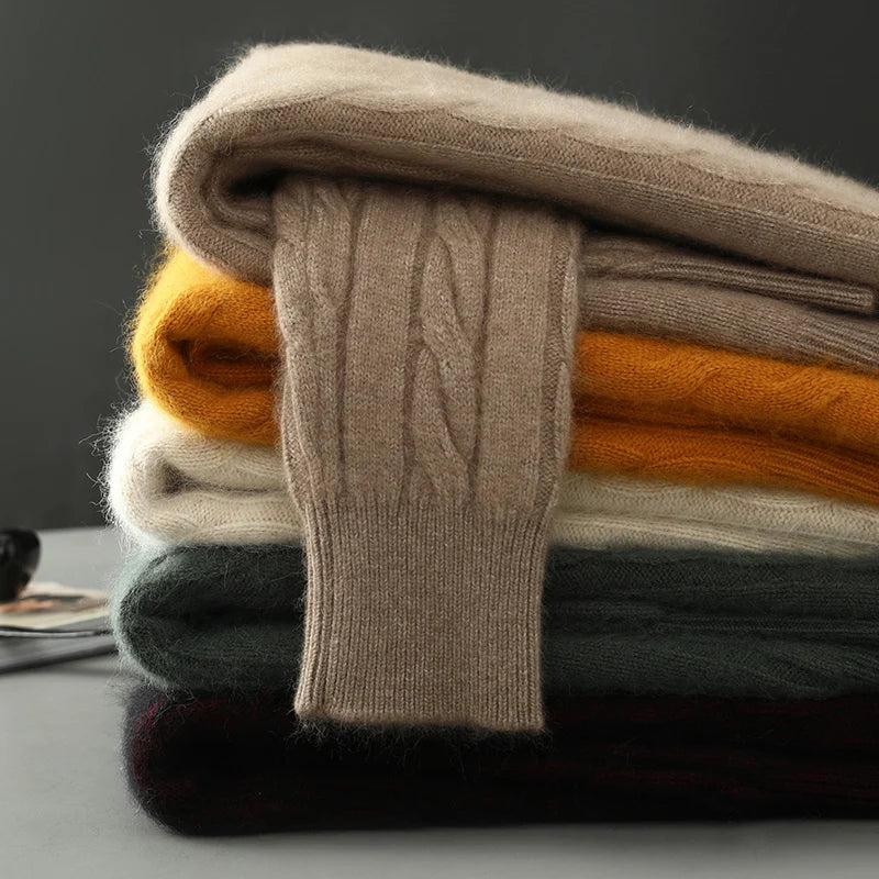 Men's Round Neck Pullover Sweater For Autumn Winter 100% Pure Mink Cashmere Knitted Sweater, Casual Long Sleeved Thick Warm Base