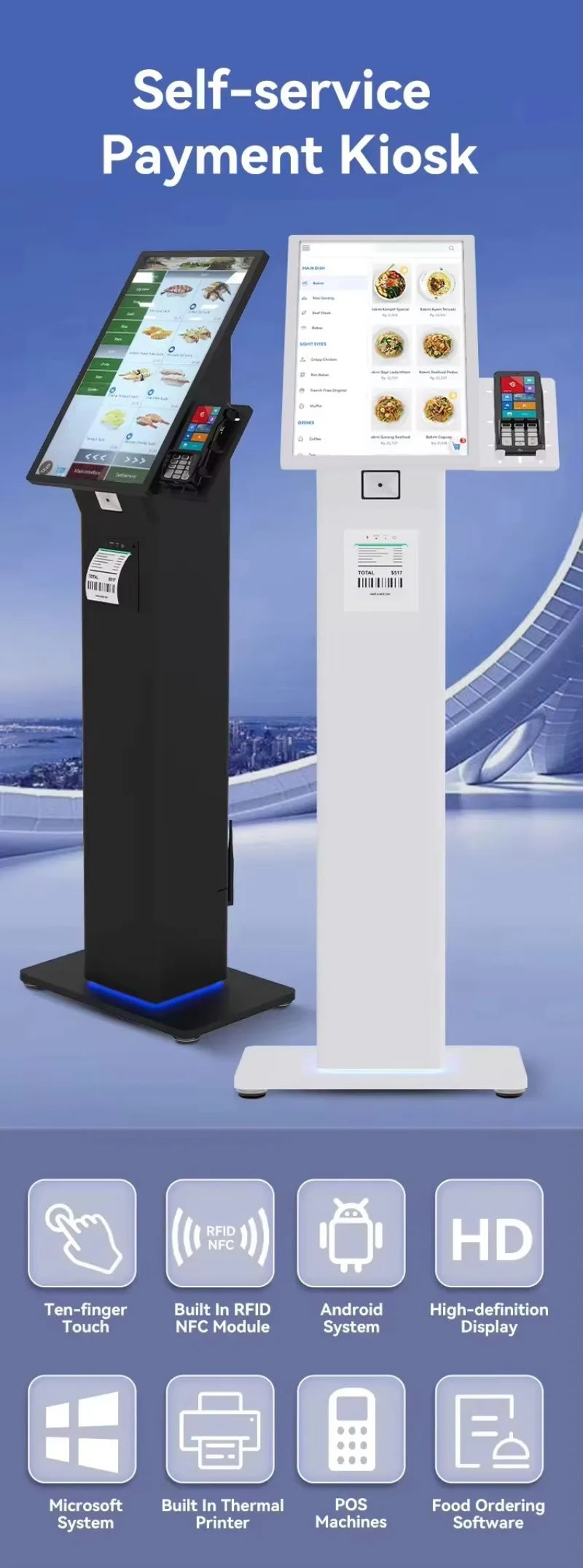32 Android Self Ordering Kiosk for Restaurant Use Touch Screen Terminal with Receipt Printer and Menu Customization