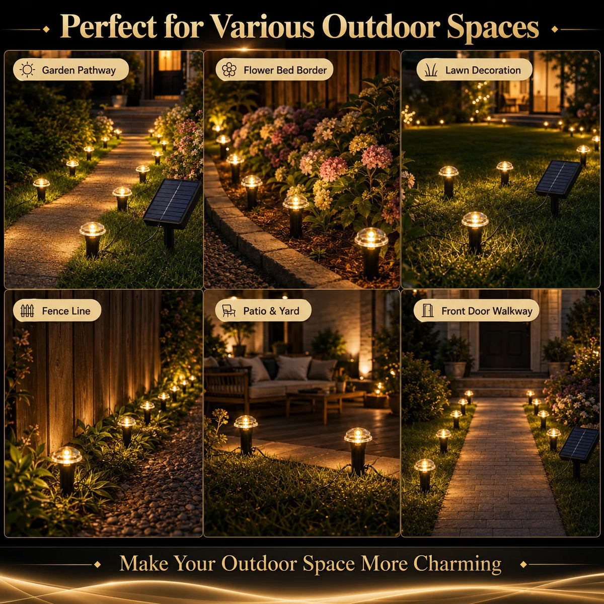 Solar Powered Ground Stake Pathway Lights Warm Glow Garden Walkway Lawn Yard Patio Landscape Decorative Lights