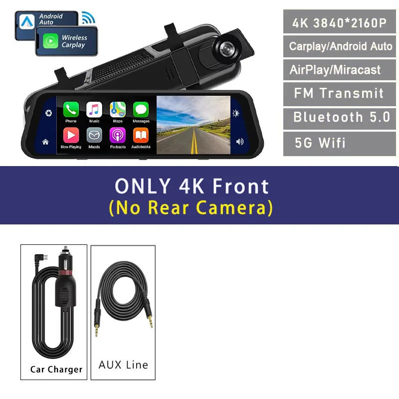 4K Dual-Lens Dash Cam with GPS, Wi-Fi & CarPlay