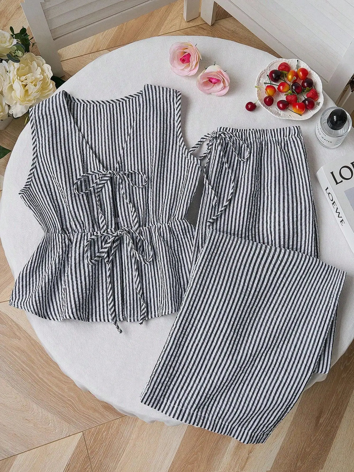 2026 European‑style Summer Solid‑Color Striped Outfit, Tie‑Strap Tank Top & Loose Trousers, Casual Sweet Two‑Piece Set