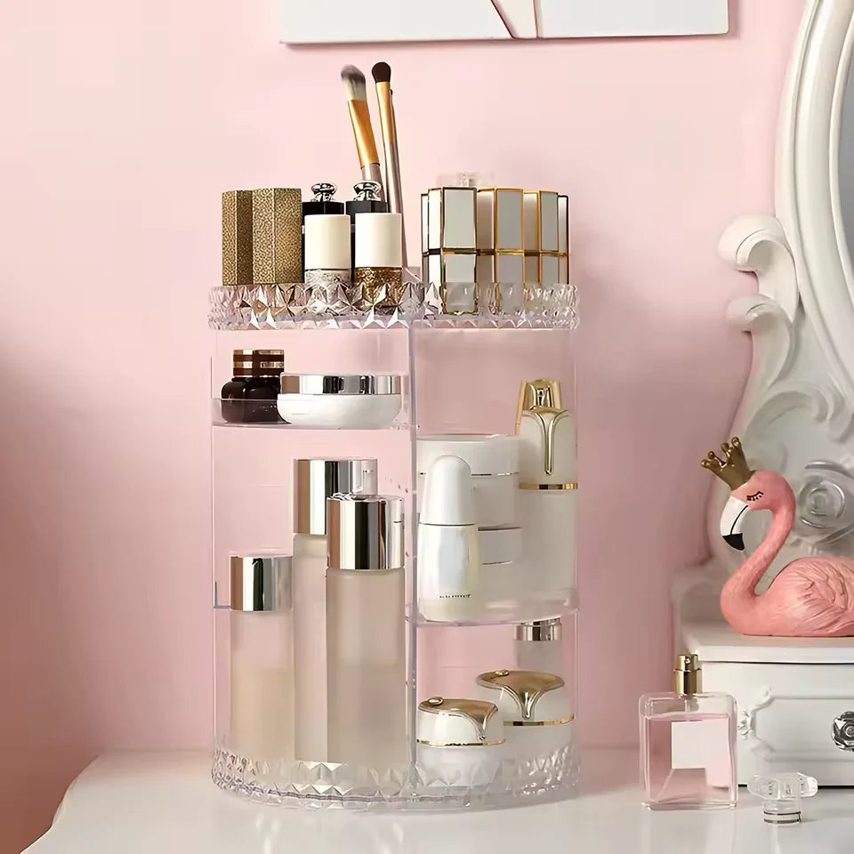 3 Tiers Makeup Organizer 360 Rotating Storage Makeup Display Case Large Capacity Cosmetic Storage Display Box Clear for Bathroom