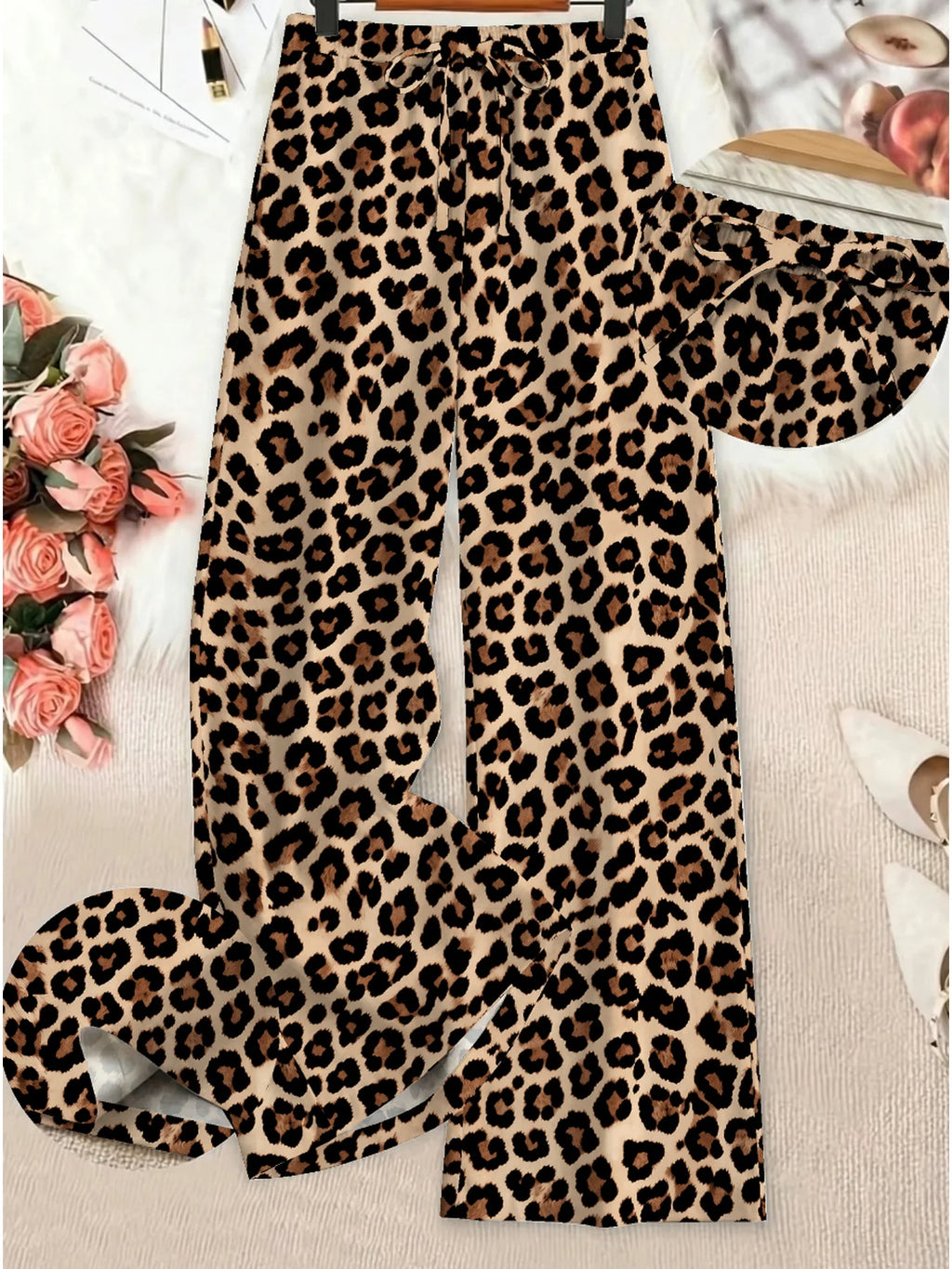 Summer Women's Casual and Elegant Leopard Print Elastic Waistband Tied Loose Wide Leg Pants
