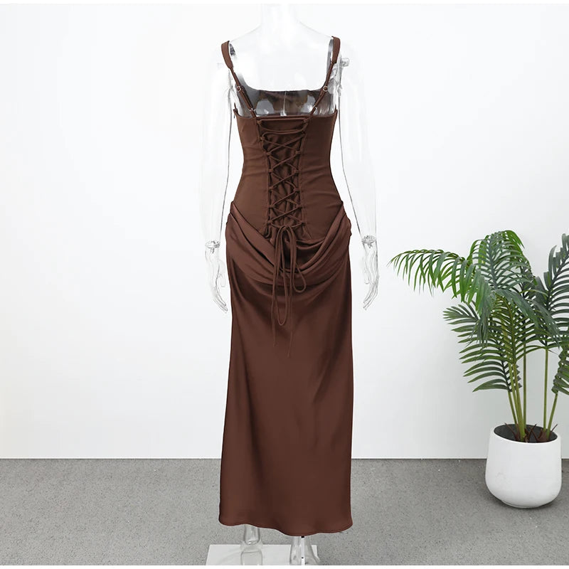 Solid Pleated Sling Dress Women Square Neck Sleeveless Off-shoulder Waist Cinching Slim Dresses 2026 Lady Evening Party Gowns