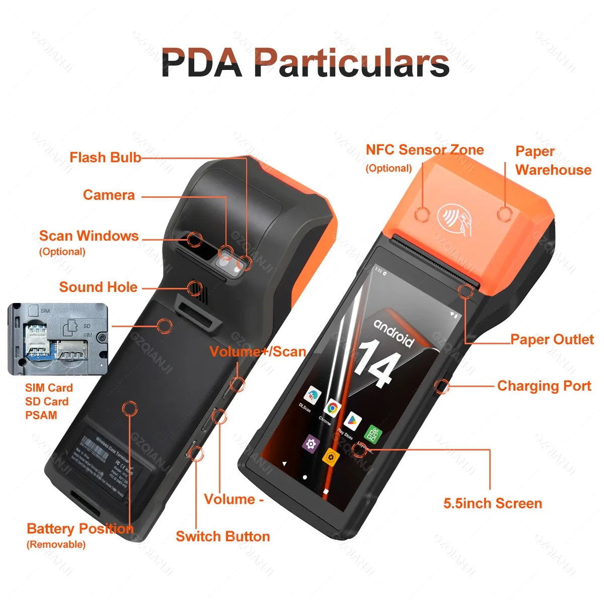 Handheld Android POS PDA Terminal 58mm Receipt Bill Thermal Printer All In One with NFC Camera 1D 2D Barcode Reader Optional