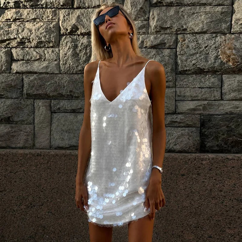 Sexy Lace Sequined Patchwork Dress Women Solid Sling Hollow Out Female Mini Dresses 2026 Summer Autumn Beach Fashion Lady Robe