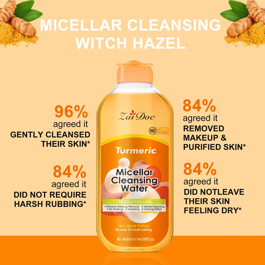 ZaiDoc Turmeric/Cherry Blossom Micellar Cleansing Water Makeup Remover No Rinse No Rubbing All Skin Types Face Eyes Lips 400ml Each