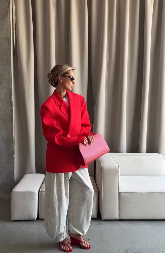 Women Red Blazer Jacket Single Button Lapel Collar Loose Casual Coats 2026 Autumn Winter New Fashion Street Oversized Streetwear