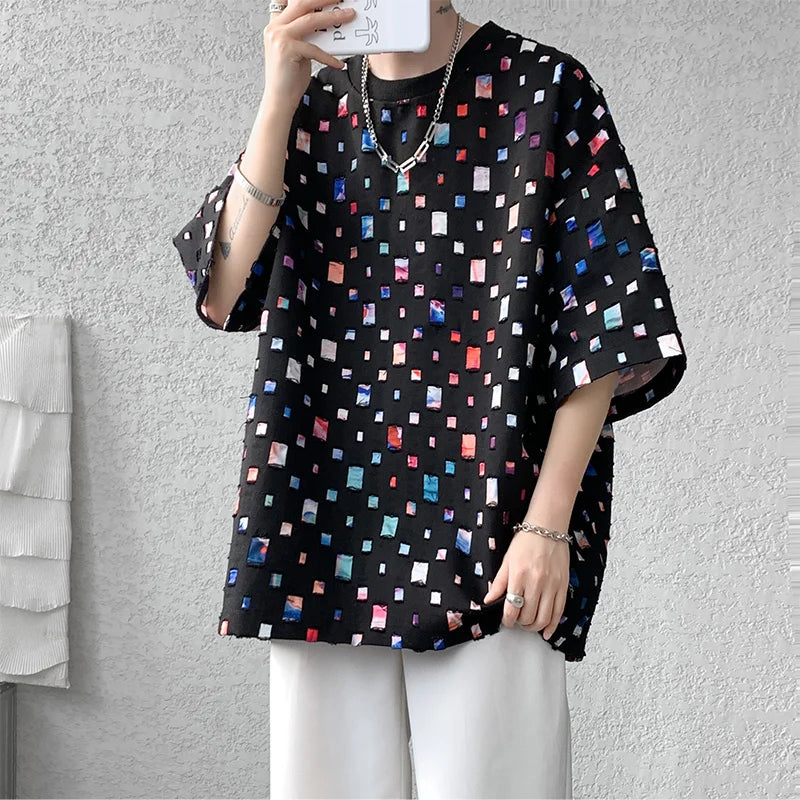 Summer Short Sleeved T-shirt Men Fashion Oversized Plaid T Shirt Men Streetwear Hip Hop Loose Hollow Out Tshirt Mens Large Size