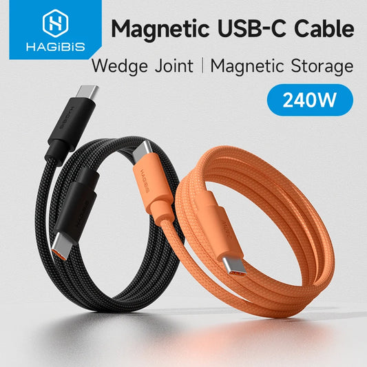 Hagibis Magnetic USB C Cable Coiled C to C Cable 240W Fast Charging Type C Charger Cord Wedge Plug for Carplay iPhone 16/17 Pro