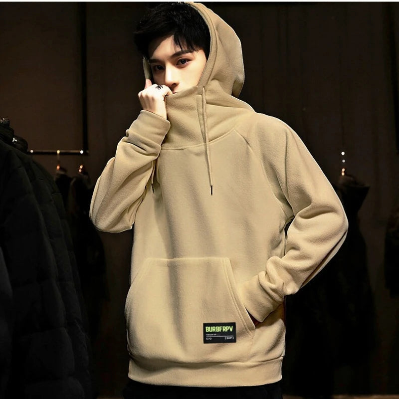 Men's Polar Fleece Sweatshirt Solid Color Street Style Autumn Winter Men Hood Sports Windproof Oversized High Collar Hoodie 5XL