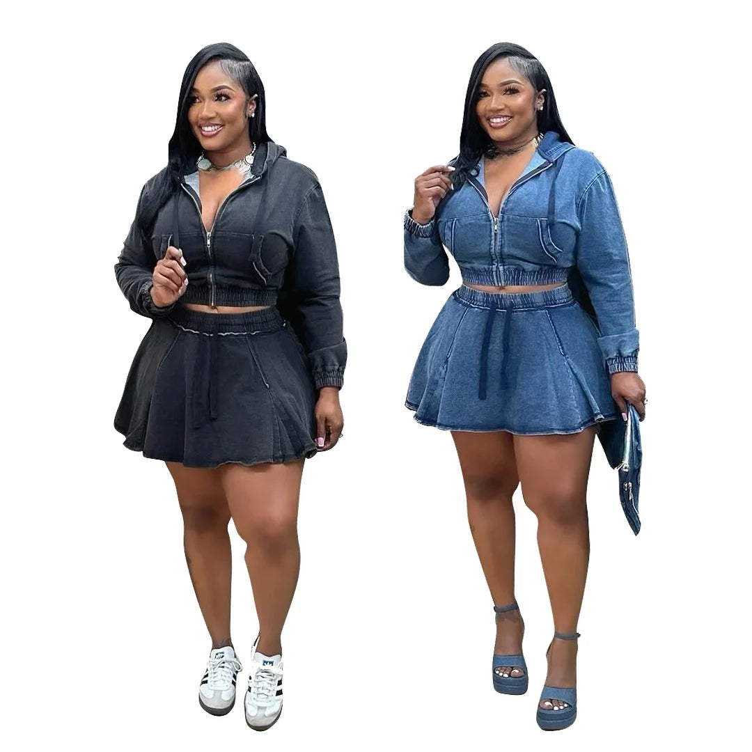 New TS1325 Women's Casual Washed Denim Short Skirt Set Fashionable Autumn Season Leisure Style Unisex Work Uniform Student Sc...