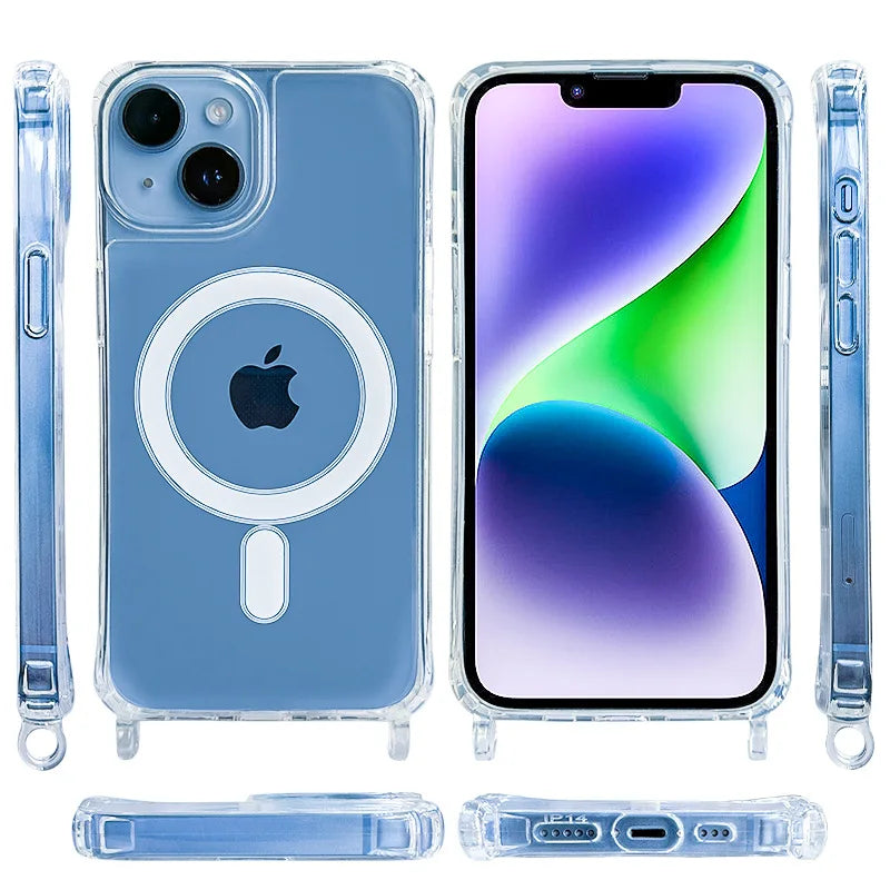 Crossbody Lanyard Clear Magnetic Case For iPhone 18 17 Air 16 15 Plus 14 13 12 Pro Max For Magsafe Acrylic Hard PC Back Cover