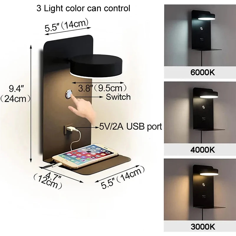 LED Wall Light with USB Charging – Bedside Reading Lamp