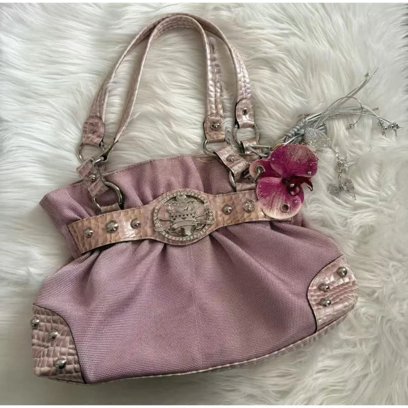 Luxury Women Rivet Handbag,Y2k Girls Metal Studded Underarm Shoulder Bag,Niche Belt Buckle Commuter Chic East-West Tote Bag