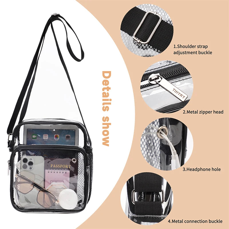 TINYAT Women Lightweight Mesh Strap Transparent PVC Bags Put Lost Headphone Jack Umbrella Cell Phone 9.7 inch iPad For Concerts