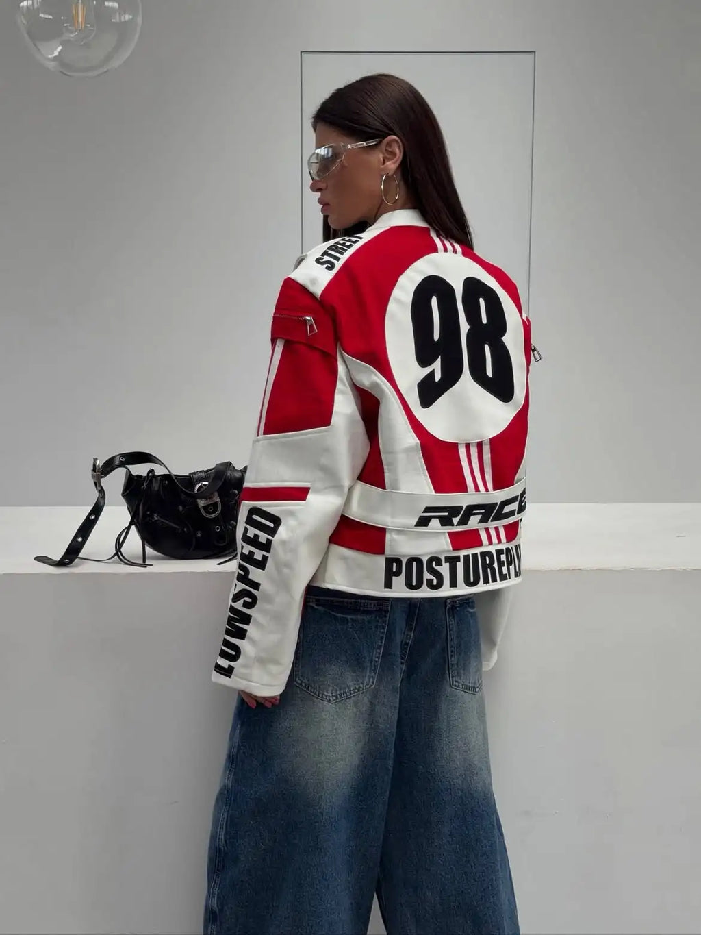 New Women Cropped Racing Jacket Red White Color Block Letter Print Zip Up Streetwear Moto Coat Women Hip Hop Daily Street Outfit