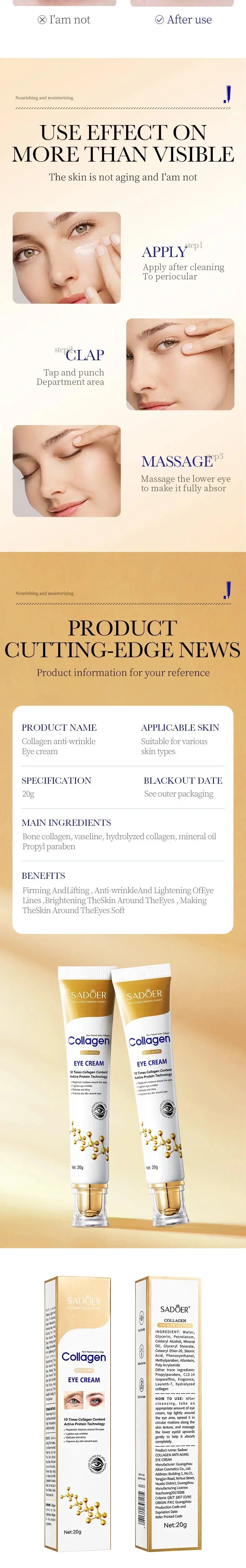Fast Instant Eye Bag Removal Cream Collagen Removal Wrinkles Firming Skin Fade Fine Lines Brighten Dark Circle Remove Eye Care