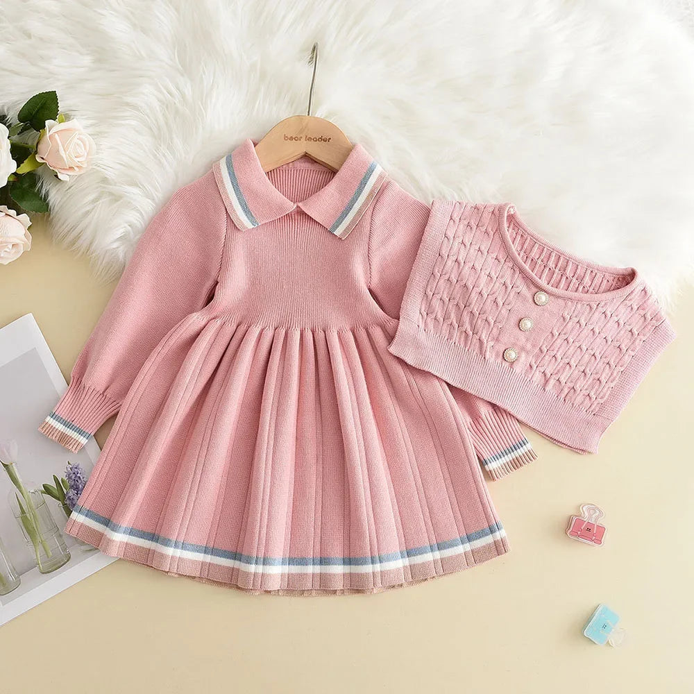 Bear Leader Kids Dresses for Girls Pearl Button Tricolor Striped Lapel Knit Skirt Winter College Style Children's Clothing