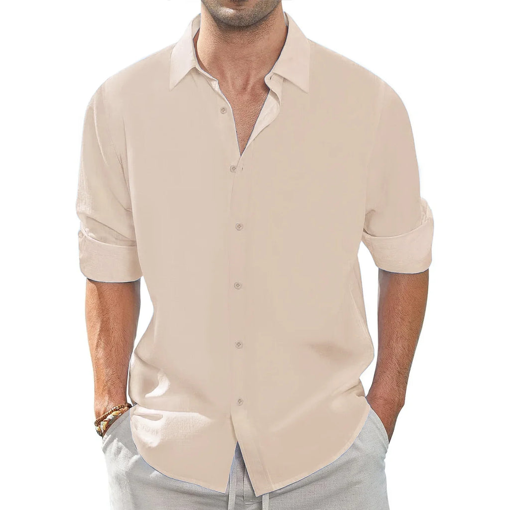 Spring Fall Men's Shirt Long Sleeve Lapel Collar Solid Color Basic Style Casula Breathable Lightweight Simple Fahion Shirts