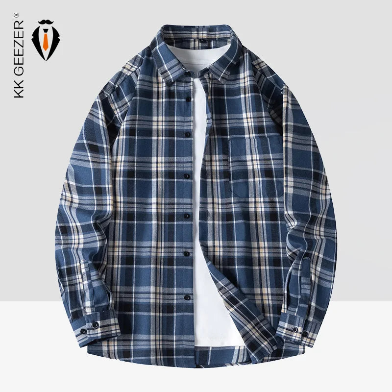 Men Shirt Plaid FlannelLong Sleeve Blue Loose Mens Casual Shirt Oversized Spring Autumn Comfortable Male Soft Dress Shirt