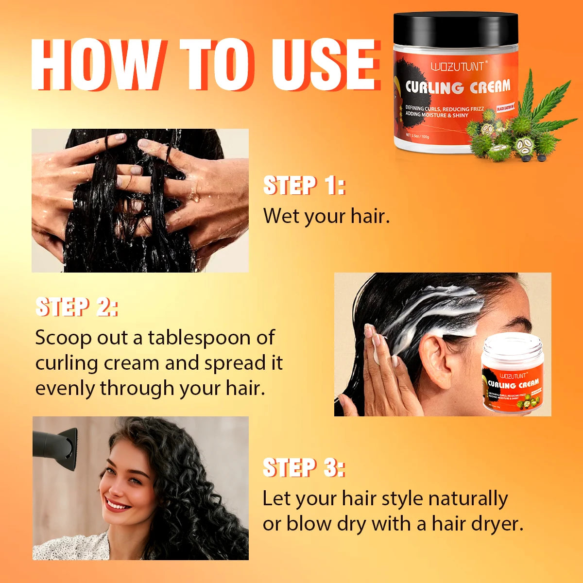 WOZUTUNT Curl Defining Cream 100g, Leave-in Styling Cream with Black Castor Oil,Frizz Control Hydrate for Bouncy Shiny Hairstyle