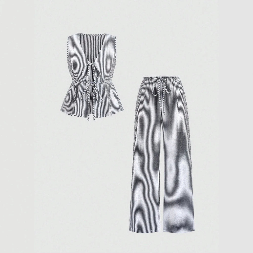 2026 European‑style Summer Solid‑Color Striped Outfit, Tie‑Strap Tank Top & Loose Trousers, Casual Sweet Two‑Piece Set