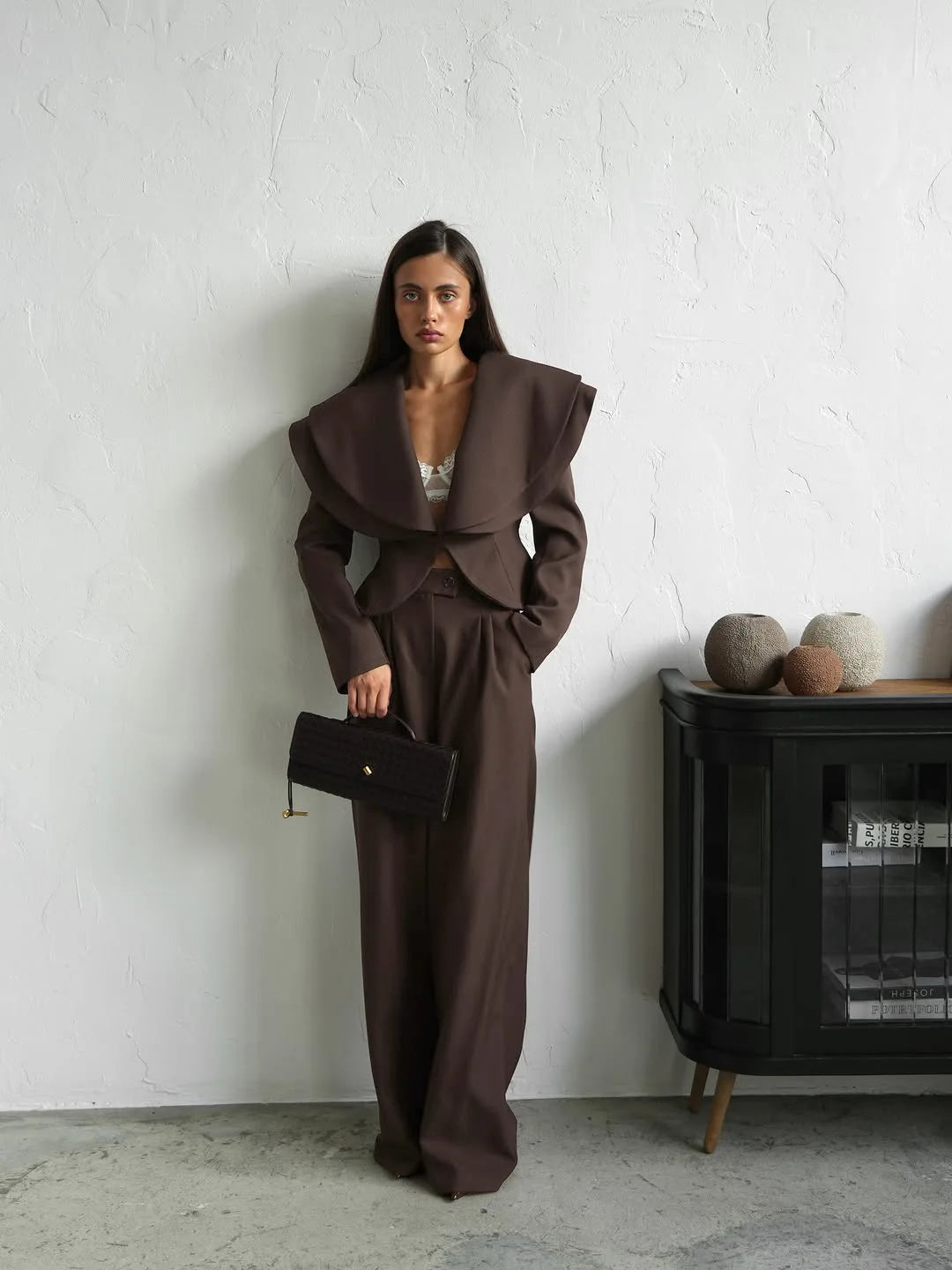 Chic Big Lapel Coat Pants Women Set Elegant Full Sleeve Single Breasted V-neck Straight Loose Trousers Solid Autumn Fashion Set