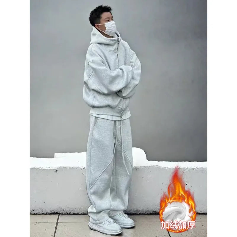 Autumn Winter Men's Casual Hoodie Sports Set Korean Fashion Loose Zip Up Hooded Sweatshirt and Sports Pants Two-piece Set