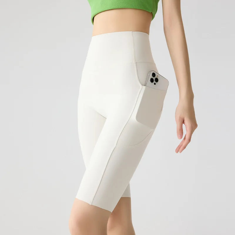 BIVIGAOS Summer Pocket Yoga Sharkskin Bicycle Shorts Women Thin High Waist Push Up Naked Feeling Sports  Fitness Cycling Shorts