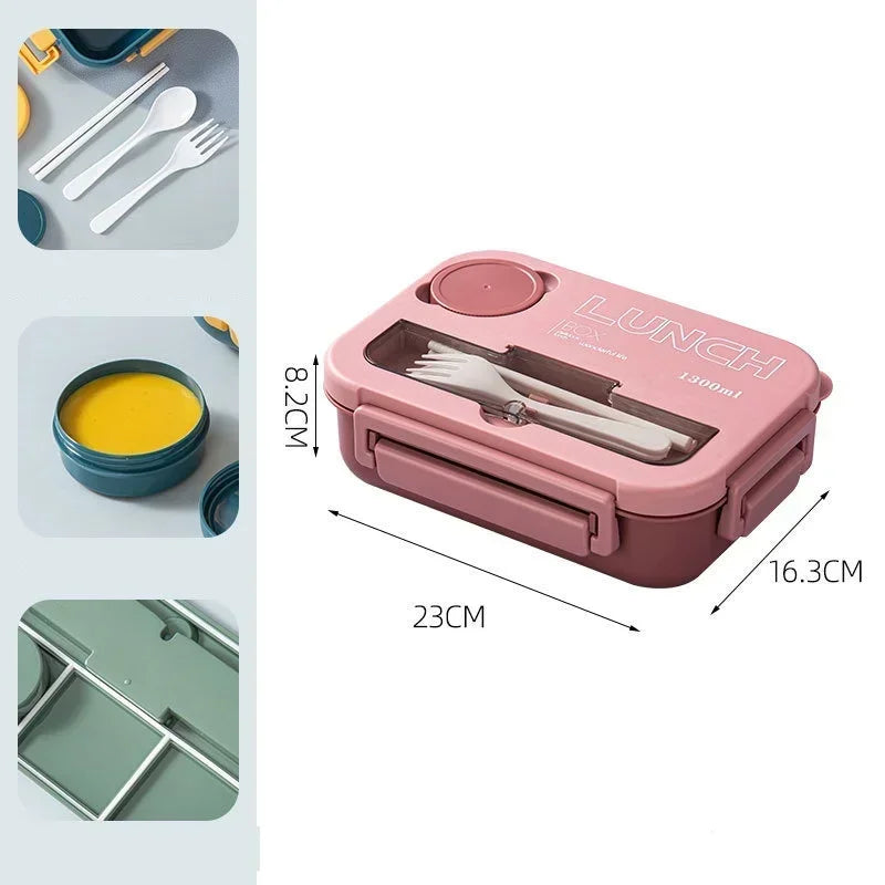 Compartment 1300ML Portable Lunch Box Kids Students Office Bento Box With Fork and Spoon Microwave Food Storage Container
