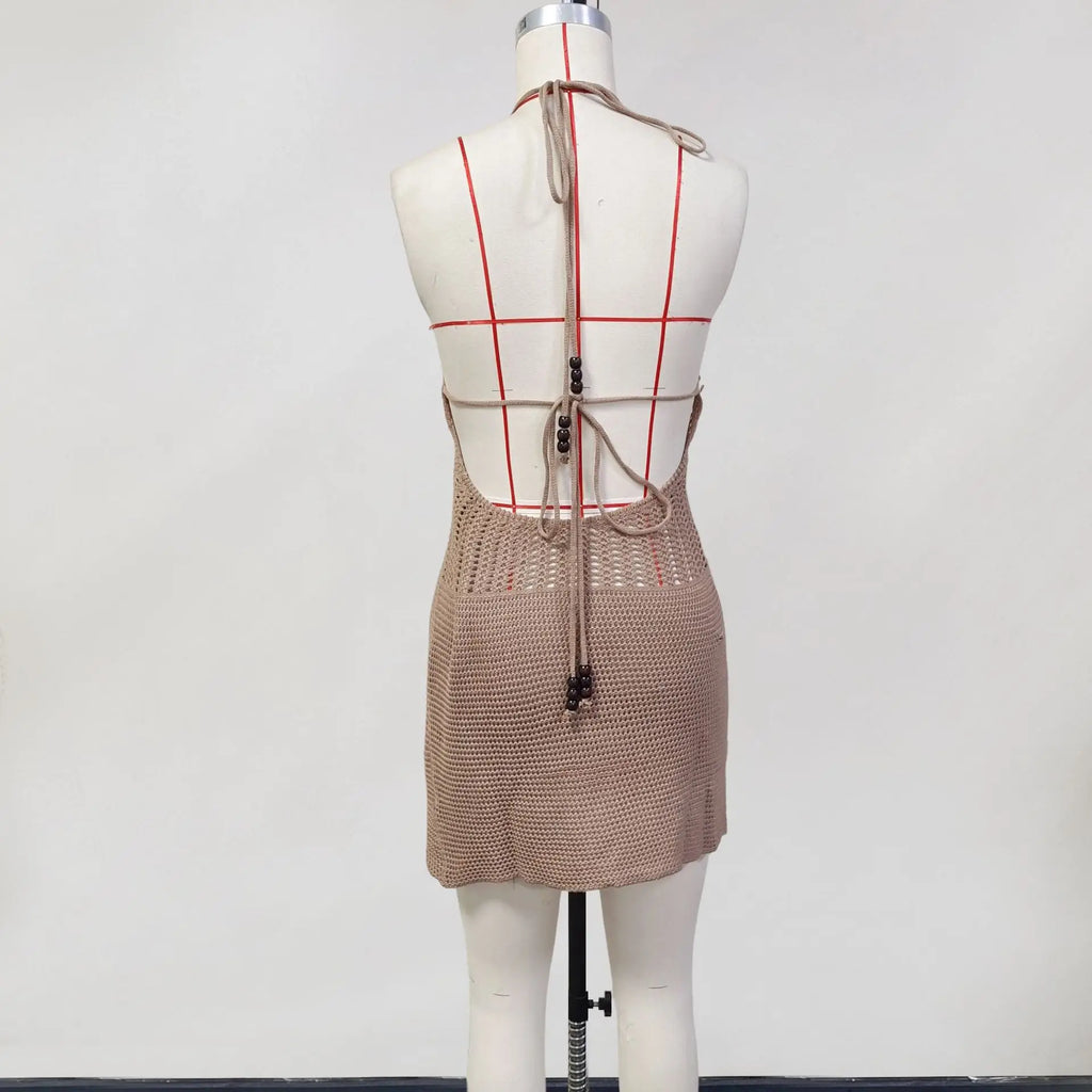 2026 Women's Sexy Hollow-Out Backpack Hip-Revealing Halter Neck Suspender Strap Knit Beach Dress Women Dress Elegant Fashion