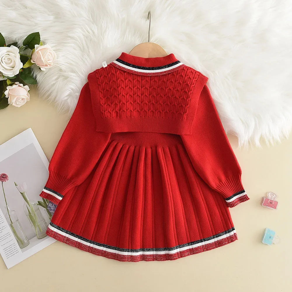 Bear Leader Kids Dresses for Girls Pearl Button Tricolor Striped Lapel Knit Skirt Winter College Style Children's Clothing