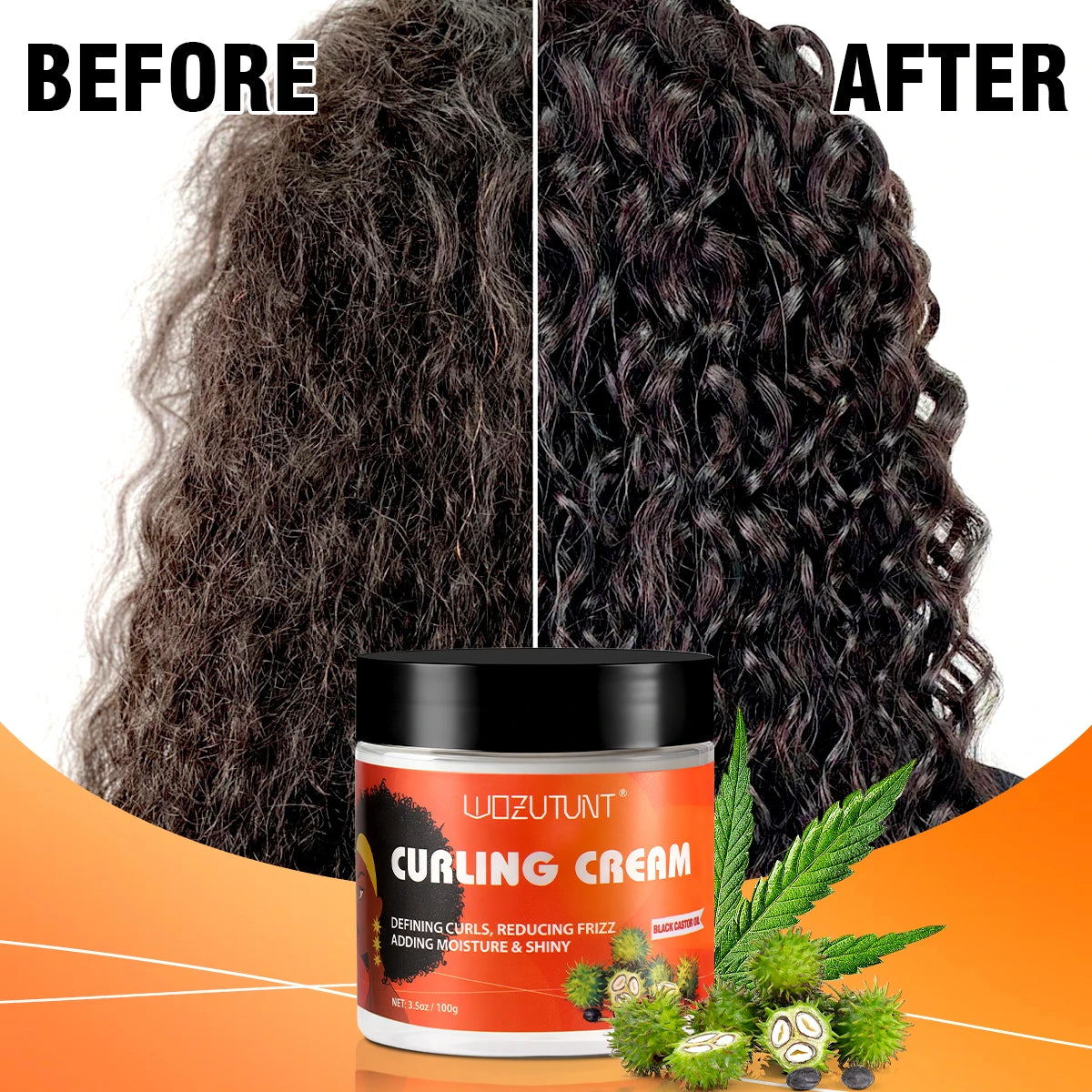 WOZUTUNT Curl Defining Cream 100g, Leave-in Styling Cream with Black Castor Oil,Frizz Control Hydrate for Bouncy Shiny Hairstyle