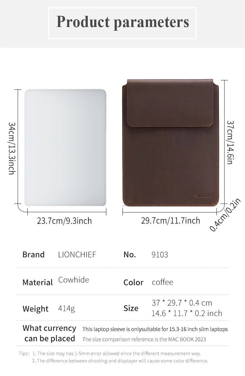 Laptop Sleeve Genuine Leather Slim Tablet Protective Cover for 15/15.6 Inch MacBook Air/Pro