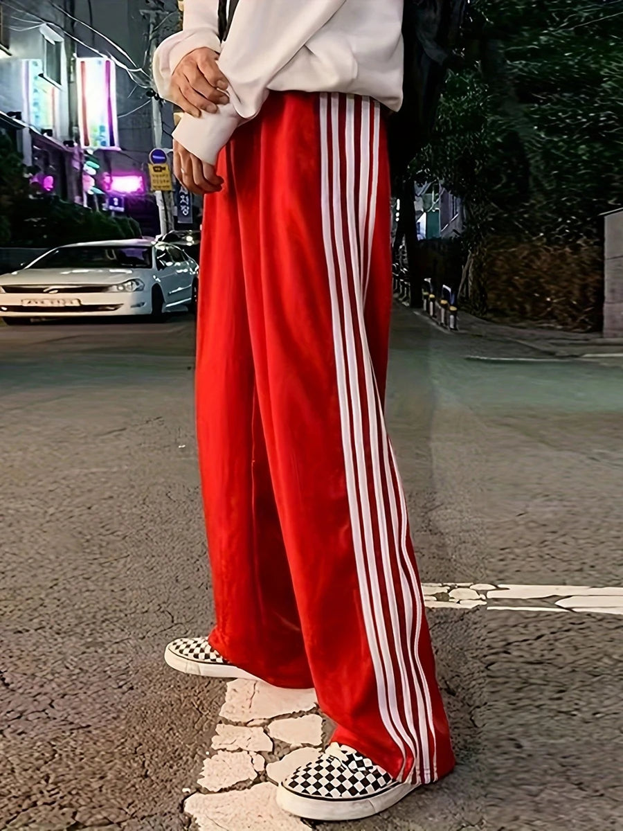 New Fashion Womens Striped Pants Loose Elastic Waist Drawstring Straight Leg Casual Sweatpants With Pockets Streetwear S M L