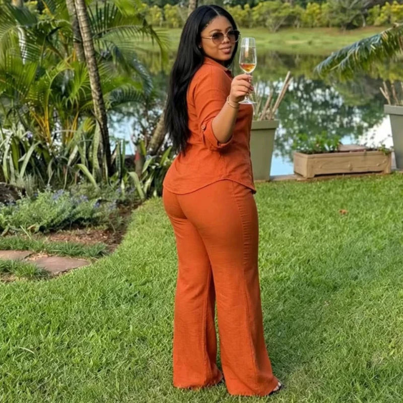 Elegant Chic Casual African Fahsion Women Two Piece Set Solid Color Single Breasted Shirt And Pants Set Outfits