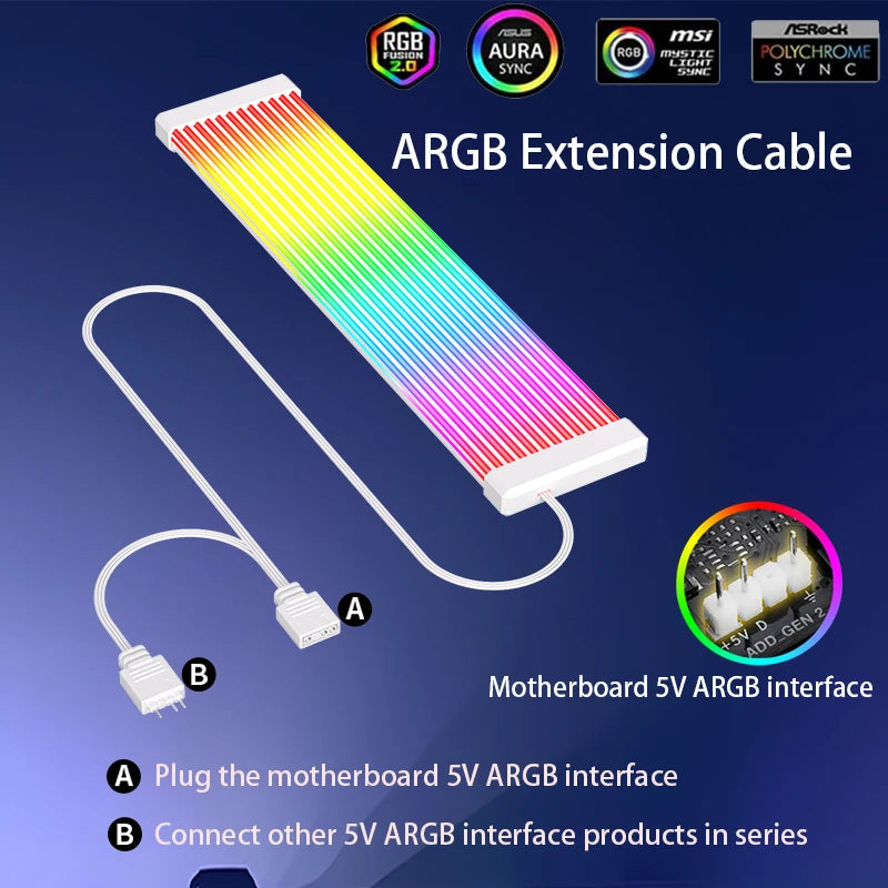 5V 3Pin ARGB Sync PC Cable 8/24PIN Motherboard Power Extension Cable Flexible LED Strip Light DIY Kit Video Card 8Pin 6PIN Cable