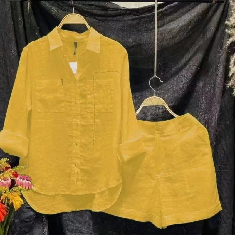 2025 Summer Cotton Linen Casual Shirt Two Piece Set For Women Shorts 2 Piece Sets Outfit Long Sleeve Short Sets Outfits Home