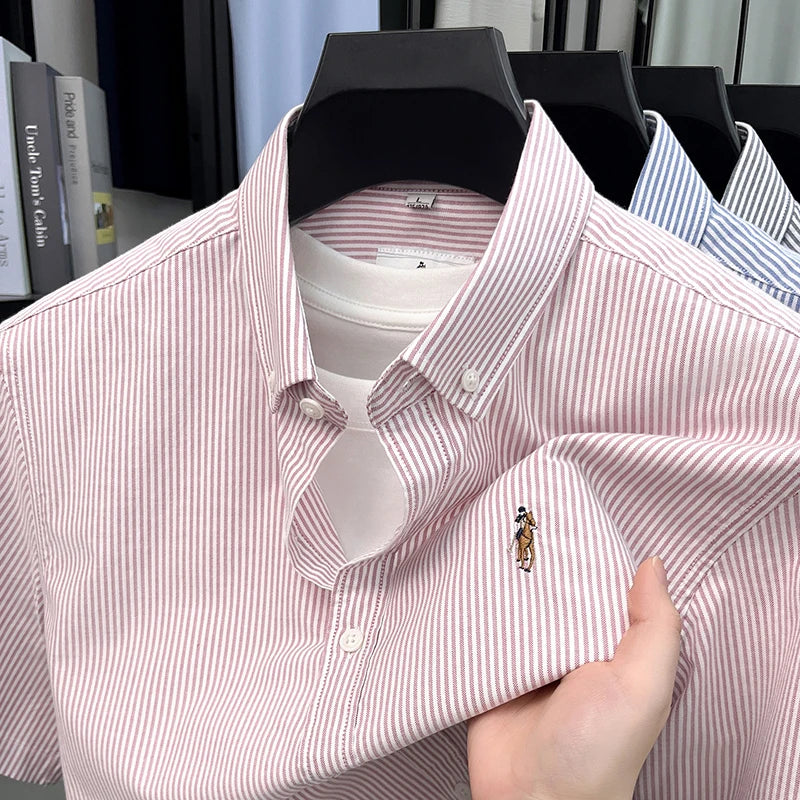 100% Pure Cotton Short Sleeved Shirt 2026 Summer New Men's Button Up Lapel Fine Stripe Middle-aged and Young Half Sleeved Shirt