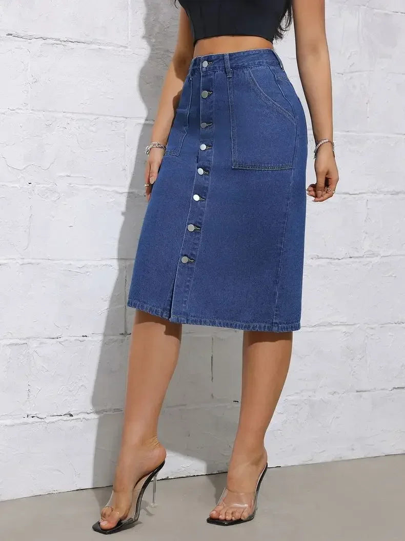 Women Waist Stretchy Denim Pencil Skirt, Midi Knee Length Slit Bodycon Flattering Casual Daily Streetwear Chic Ladies Midi Skirt