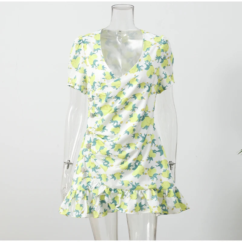 Elegant Print Low-cut Ruffle Short Dress Women V-neck Short-sleeved Waist Cinching Pleated Mini Dresses Casual Party Vestidos