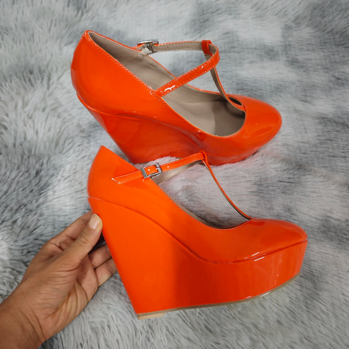 Women Platform Wedge Heels Pumps Autumn Winter 14cm Round Toes T-Strap High Heeled Gladiator Ladies Dress Party Wedding Shoes