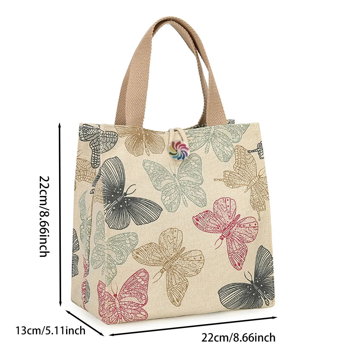 White Canvas Fashion Delicate Random Butterfly Print Portable Bento Bag Fashion Handbag Tote Bag One Pack