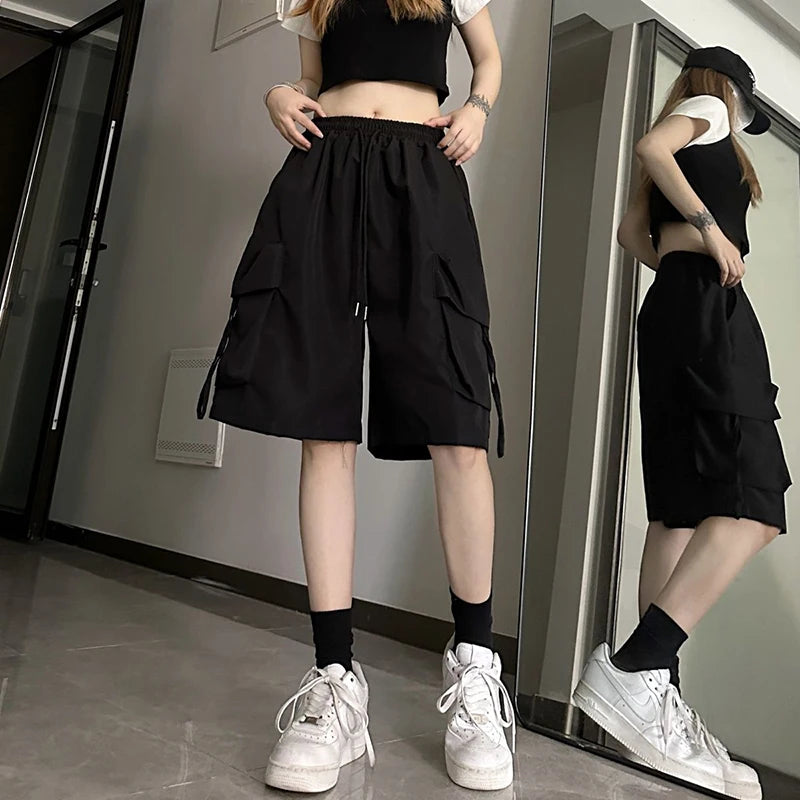 URBANCREW High-Waist Cargo Shorts — Loose Streetwear Fit