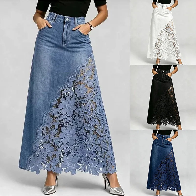 2026 Temperament Washed Denim Lace Splicing Long Hip-wrapped Skirt
